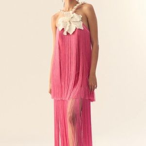 BRAND NWT PatBO Pearl Beaded Flower Halter Fringe Dress